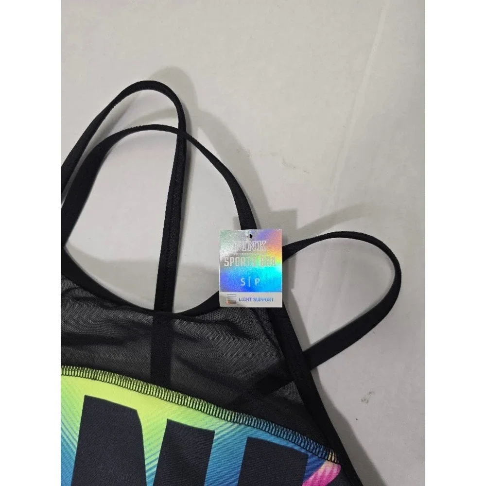 Victoria's Secret PINK Ultimate Sports Bra Black Rainbow Logo Mesh‎ S NWT